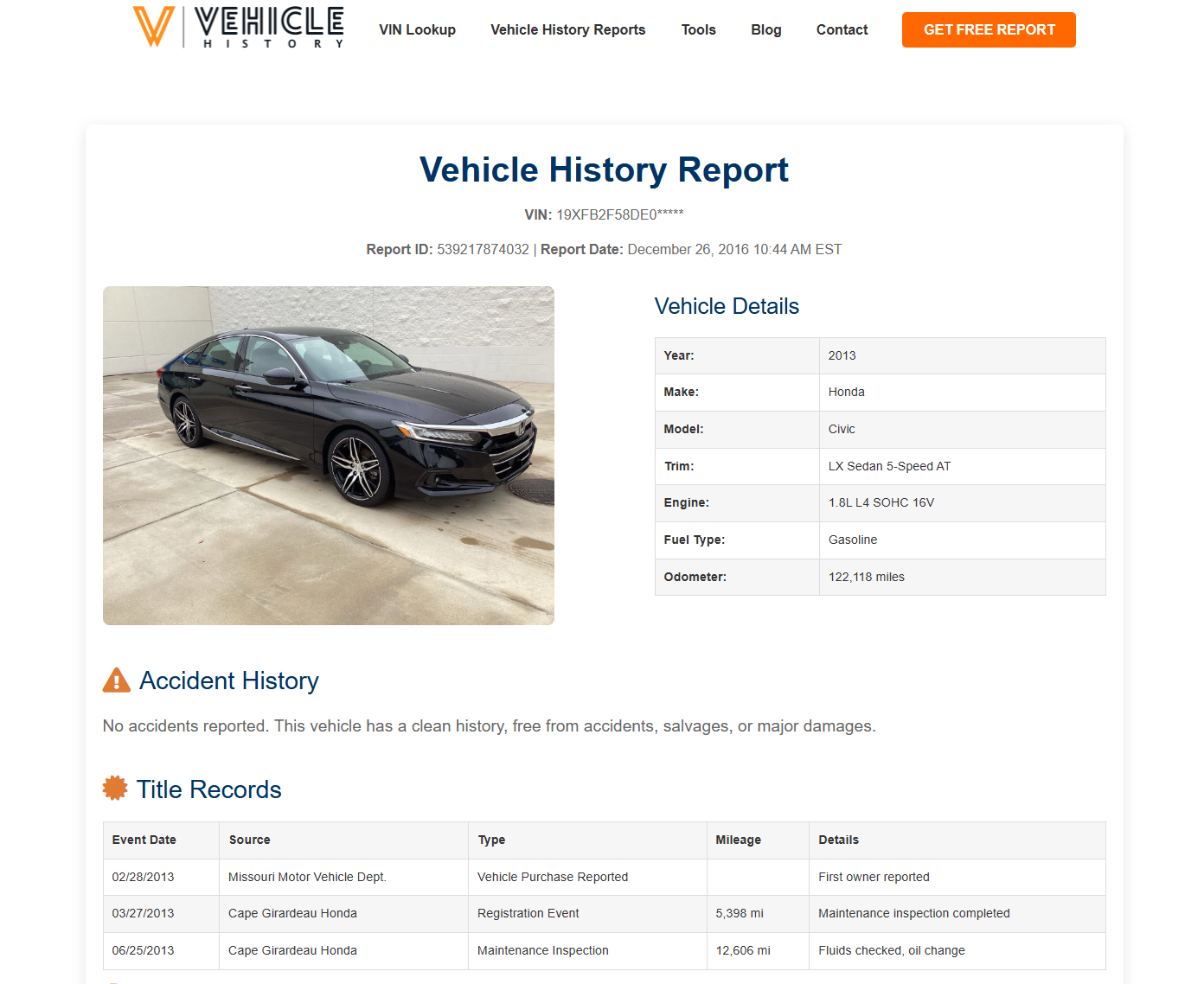 sample of vehicle or vin history report